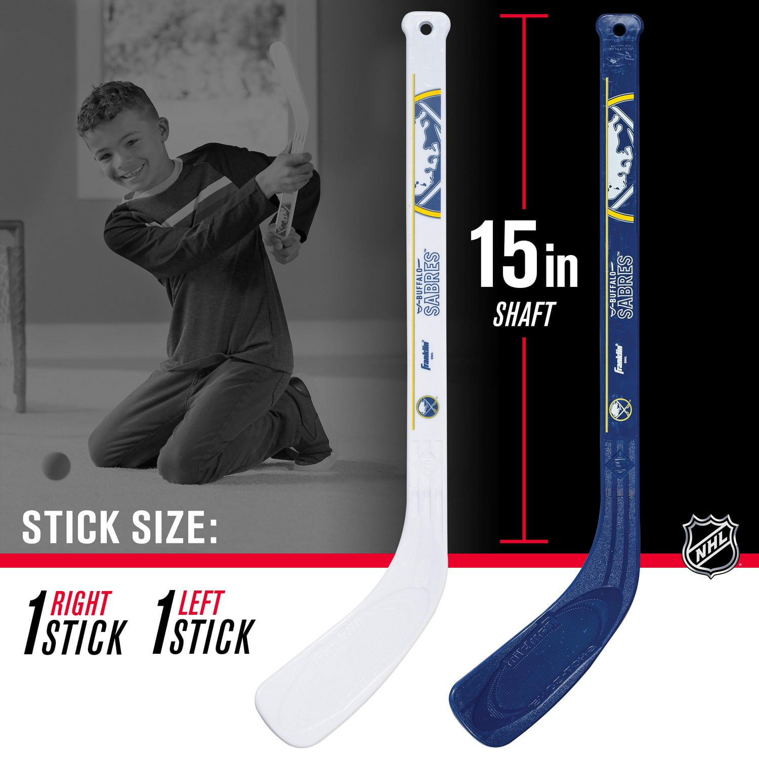 Franklin Sports NHL Sabres Mini Hockey Set - Kids Indoor Knee Hockey Goal, Ball, 2 Mini Hockey Stick Combo Set