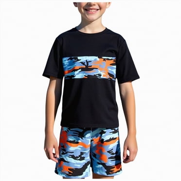 Kogui Swim Suit for Boys Boys' Rash Guard Set Kids' 2 Piece Short Sleeve Swim Shirts with Trunks Quick Dry Bathing Suits Size 12 Years (Sky Blue,12 Years)