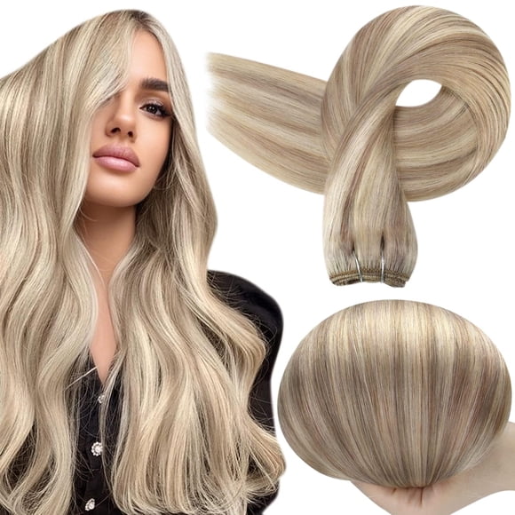 Full Shine Weft Hair Extensions Ash Blonde Hair Wefts Human Hair Sew in Blonde Highlight Human Hair Weft Extensions Full Ends Double Sew in Remy Hair Exten