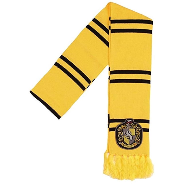 Hufflepuff Harry Potter Deluxe Knit Scarf in a standard size, featuring yellow and black knitted-in stripes. The scarf includes an embroidered Hufflepuff crest patch sewn to one end and yellow tassels at the bottom. Made by Jiane.