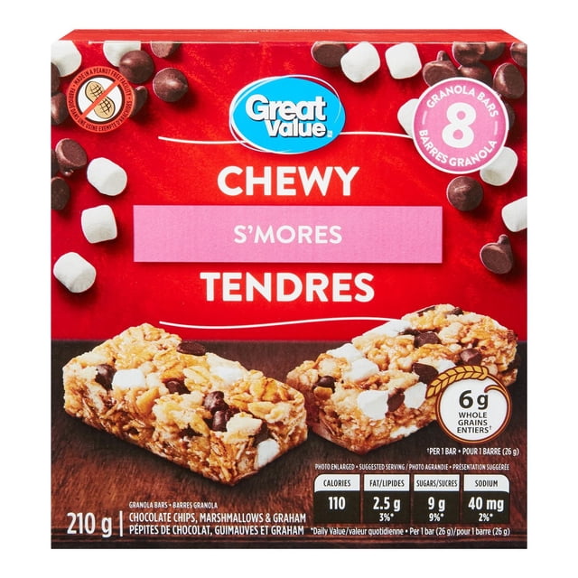 Great Value S'mores Granola Moelleux Bars Boîte Contenant 8 Bars Faits avec des Pépites de Chocolat, Guimauves et graham, Totalisant 210 g, Chaque Barre avec 6 g de grains Entiers, Idéal comme Collation Moelleuse Ou Friandise Pratique sur le Pouce.