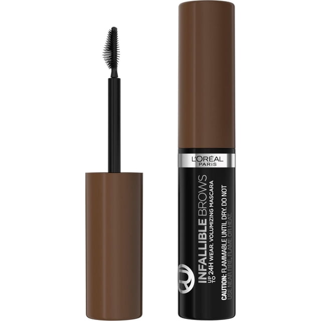 L'Oréal Paris Infallible Mascara Volumisant pour Sourcils 24 H, 4 ml, avec un Bonnet Brun Enlevé pour Révéler une Brosse Micro-Préhensible aux Poils Fins pour une application Précise. le tube Noir avec Texte Blanc et Bonnet Brun Est Conçu pour des Sourcils Longue Tenue et d'Apparence Plus Fournie Utilisant une Formule à Fibres Rechargeables.