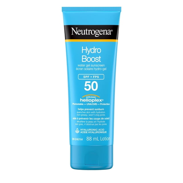 Neutrogena Hydro Boost Water Gel Face Sunscreen SPF 50 in an 88 mL blue tube with black and yellow accents, providing broad spectrum UVA/UVB helioplex protection and hydration with hyaluronic acid. This non-greasy, oil-free, non-comedogenic lotion is ideal for daily face use, layering under makeup, and outdoor activities.