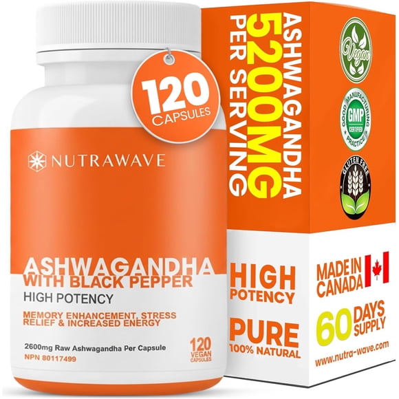 Nutrawave Ashwagandha 2600 mg – Soutien contre le Stress et pour l'Humeur, Adaptogène pour la Détente et le Soutien du Sommeil, avec Poivre Noir, 120 Capsules Véganes, non-OGM, Sans Gluten, Fabriqué au Canada