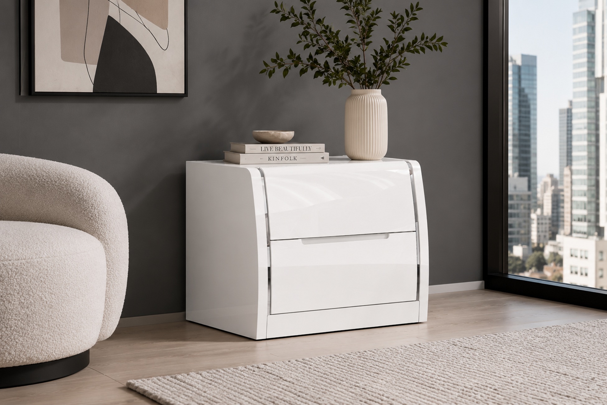 K-Living Phoebe Solid Wood Nightstand in High-Gloss White Finish