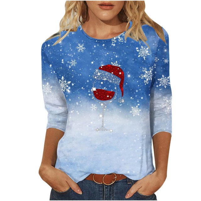 Pisexur Hauts de Noël pour Femmes Blouses Manches 3/4 T-Shirt Imprimé Verres de Vin Rouge Hauts Mode Xmas Col Rond Chandail à Enfiler Hauts Décontractés Amples T-Shirts d'Automne