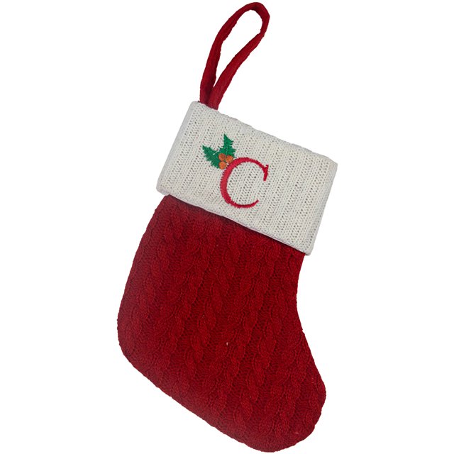 Fridja Christmas Mini Stockings Sock Decoration Tableware Holders, 8 Inches Initial Monogram Tableware Candy Pouch Bag Knit Cuff Socking for Xmas Party Tree Dinner Table Home Ornaments (Red, C)