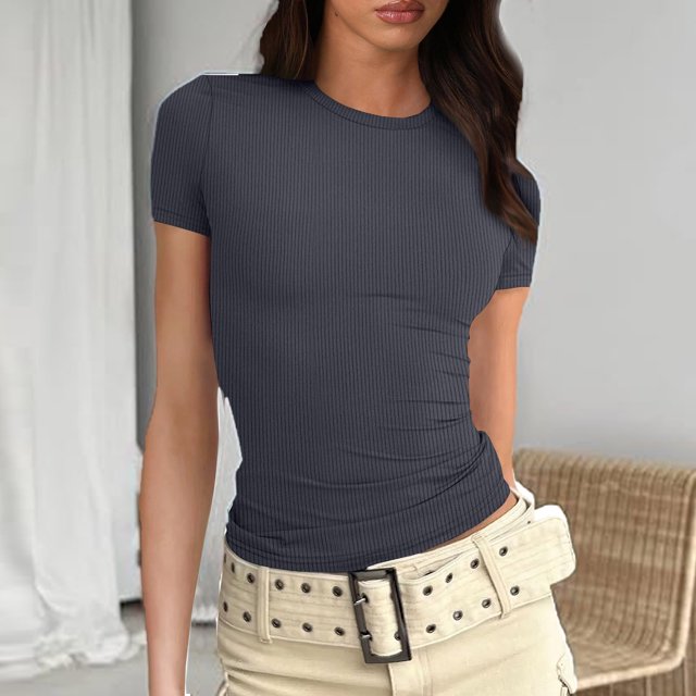 BVOFAR Hauts Côtelés d'Été pour Femmes 2025 Col Rond Manches Courtes T-Shirts Décontractés Confortables Coupe Ajustée