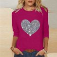 thumbnail image 3 of Jovati Blouse à Manches Longues à Col Rond pour Femmes, Manches 3/4 Imprimé爱心, Mélange Polyester-Spandex, Coupe Décontractée, Tenue Décontractée Quotidienne, Quatre Saisons, 3 of 4