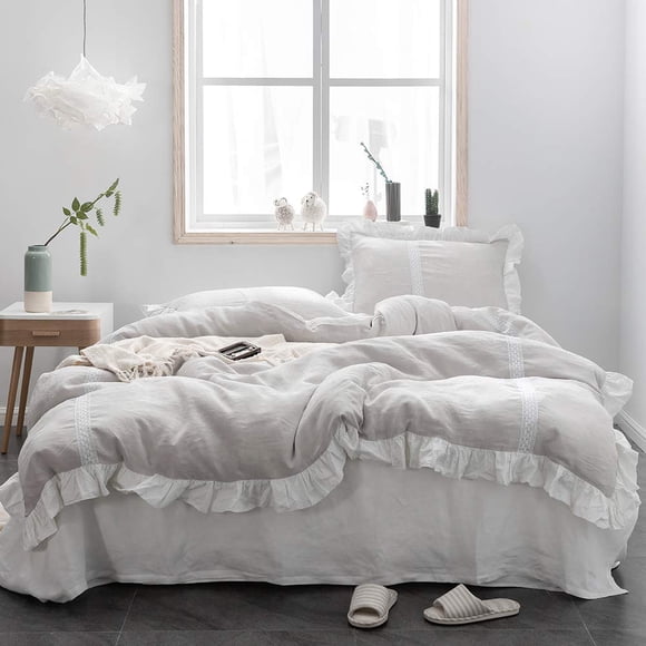 Simple&Opulence 100% Linen Duvet Cover Set (104''x92'') Floral Flax King Size, Shabby Chic Ruffle Edge Lace Insert Decoration, 3 Pcs Farmhouse Bedding-1 Comforter Cover 2 Pillow Shams, Floral Grey