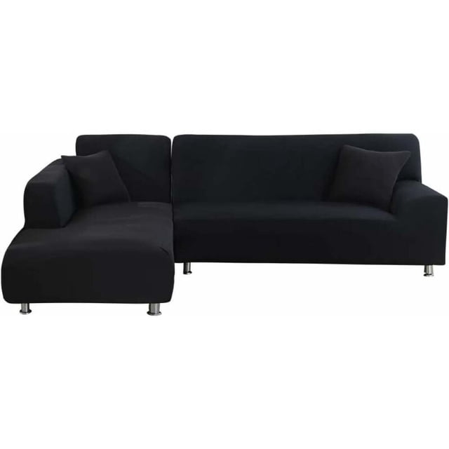 Elastic Stretch L Shaped Sofa Cover for 2+2 Combination Sofa in black, designed for 2-seater + 2-seater configurations. Made from 92% polyester and 8% spandex, this cover offers a snug fit with excellent elasticity. The main section and each chair section measure 145-185 cm in length, ensuring compatibility with most L-shaped sofas. The cover consists of two separate pieces for easy installation and removal. It protects against spills, stains, pet hair, and wear, making it ideal for families with kids or pets. Suitable for living rooms, bedrooms, offices, and more.
