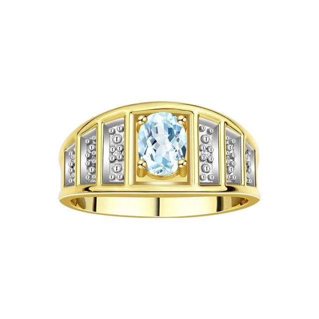 RYLOS Rings for Women 14K Yellow Gold Ring Classic Style 7X5MM Oval Gemstone & Diamond Ring March Aquamarine Jewelry Size 8