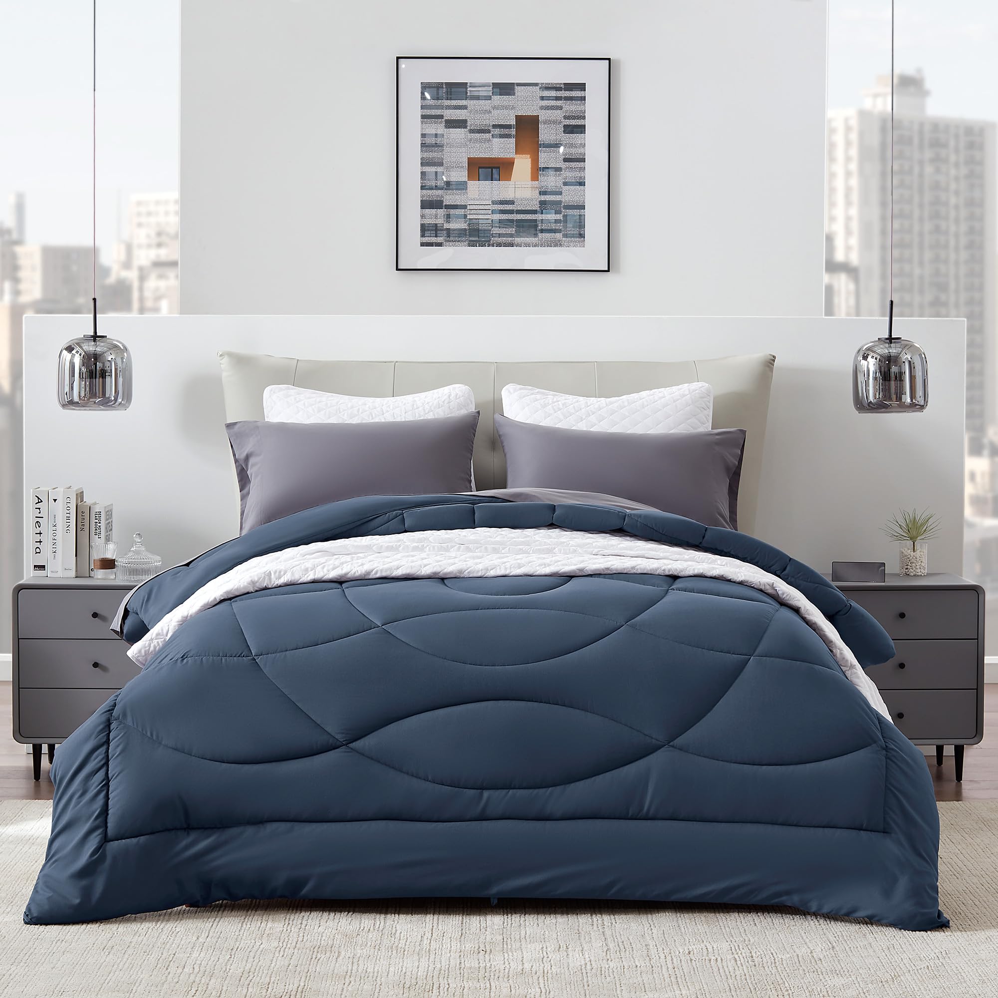 SLEEP ZONE King Size Comforter Duvet Insert, Down Alternative Reversible Comforter, Lightweight, Soft and Breathable Bedding All Season, Flint Blue