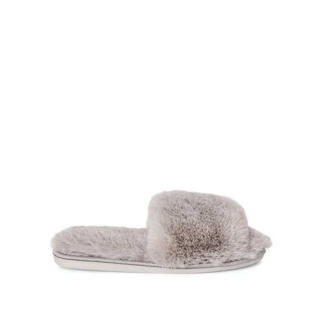 George Pantoufles pour Femmes en Gris avec Dessus et Intérieur en Fausse Fourrure Douce, à Bout Ouvert, à Larges Brides et à Enfiler avec Semelle Extérieure Synthétique, Montrées sur le Côté avec un Fond Blanc, Convenant aux Tenues d'Intérieur et Décontractées.