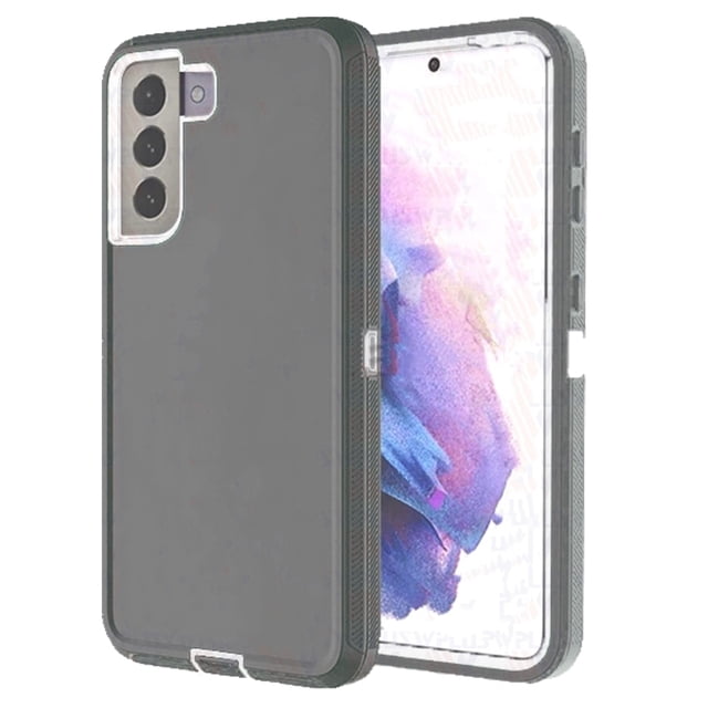 Samsung Galaxy S21 FE Hard Case in grey, a heavy-duty defender case with triple-layer shockproof protection and reinforced corners for drop resistance. Features include precise cutouts for buttons, ports, and controls, a dust plug for the charging port, and raised edges to protect the screen and camera from scratches. Ideal for daily use and adventures.