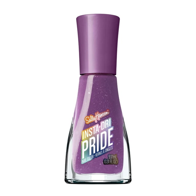 Insta-Dri X Pride, Quick Dry, Long Lasting, Streak-Free Shine Nail Polish by Sally Hansen in a purple glitter shade, 9.17 mL bottle with purple cap, part of the limited edition Pride collection inspired by the Progress Pride Flag, dries in 60 seconds with one coat, suitable for quick, vibrant nail color application.