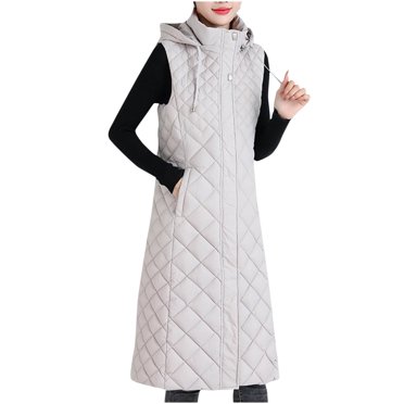 Pisexur Winter Coats for Women Fashion Design Girls Winter Coat Long Quilted Vest Hooded Sleeveless Button Down Puff Vest Cotton Padded Jacket Winter Coat
