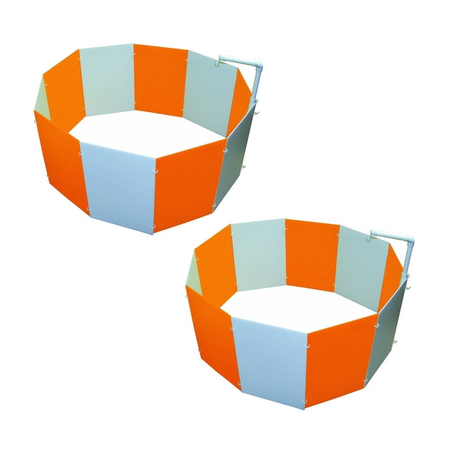 Farm Innovators Baby Chick Starter Home Kit with Adjustable Lamp Hanger, 2-pack. Each kit includes 10 durable plastic panels in orange and light blue, forming a 3-foot diameter corral suitable for up to 15 chicks. Features an adjustable brooder lamp hanger (lamp not included) that adjusts from 20 to 34 inches for temperature control. Panels are 18 inches tall and 12 inches wide, easy to set up, washable, and fold flat for storage. Ideal for baby chicks or game bird chicks.