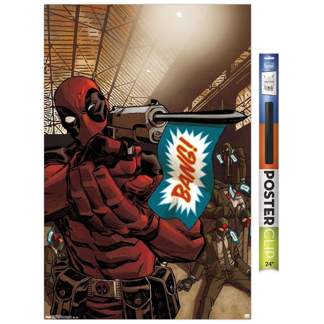Marvel Comics - Deadpool - Bang Wall Poster, 22.375" x 34", depicts Deadpool in red and black costume aiming a silver handgun with a blue 'BANG!' flag, set against masked figures in suits, printed on glossy paper with included poster clip, suitable for bedroom or office wall décor.