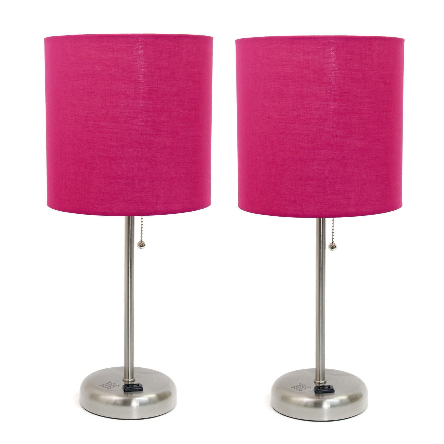 LimeLights Brushed Steel Stick Lamp with Charging Outlet and Fabric Shade 2 Pack Set
