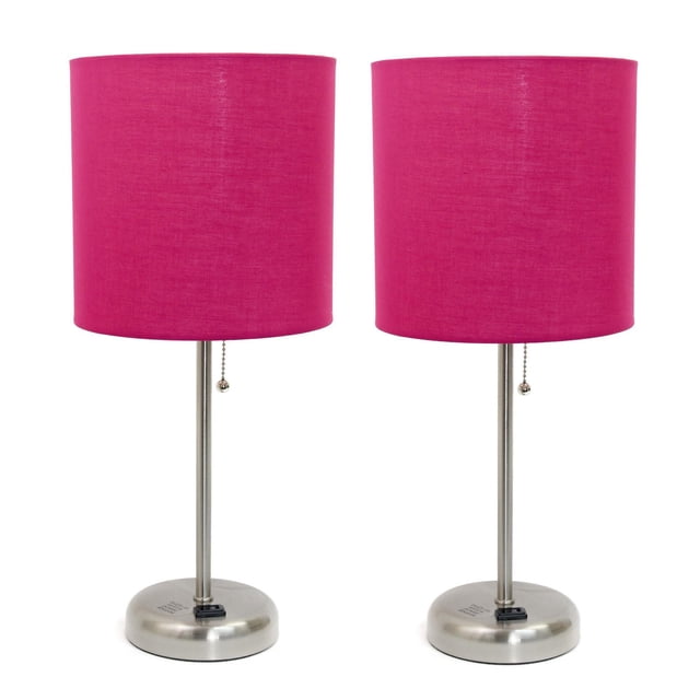 LimeLights Brushed Steel Stick Lamp with Charging Outlet and Fabric Shade 2 Pack Set