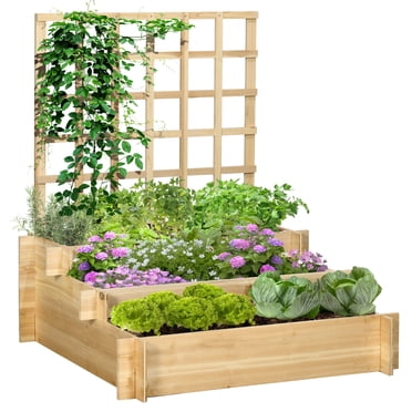 Outsunny 3 Tier Raised Garden Bed with Trellis for Climbing Plants Natural