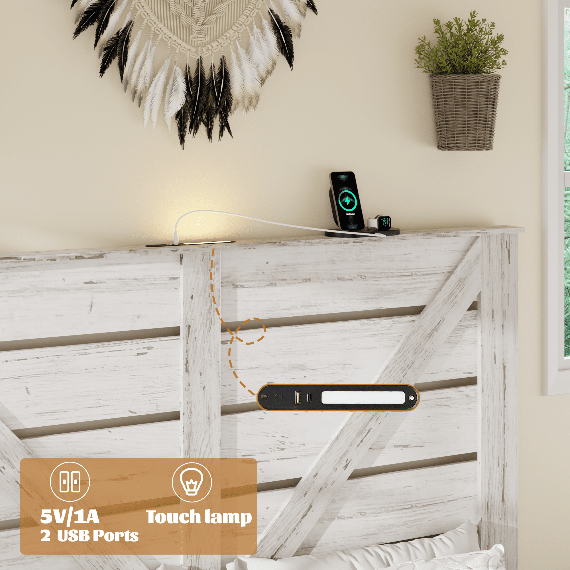 Noble House Queen Wood Platform Bed,Underbed Storage & Charging Station with White Headboard Light,Metal Base,White