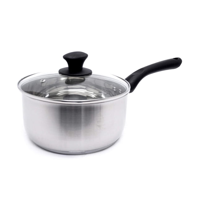 Starbasix Casserole en Acier Inoxydable 3,2 L (3,4 Qt) avec Couvercle, Acier Inoxydable Brossé avec base en Aluminium Encapsulée pour un Chauffage Uniforme, Poignée en Bakélite Noire, Couvercle en Verre Trempé Transparent avec Bouton, compatible induction, Va au Four jusqu'à 350 °F, Idéal pour Mijoter des sauces et Réchauffer des Soupes.