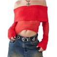 thumbnail image 1 of Fortune Women Off Shoulder Sweater Mesh Knit Cropped Pullover Solid Color Long Sleeve Slim Fit Crop Top, 1 of 6