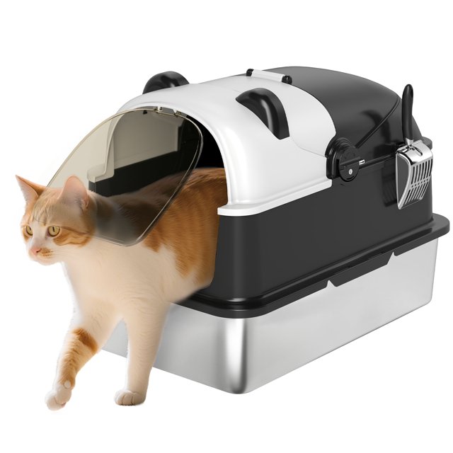 PawHut XL stainless steel cat litter box with a panda-style design, featuring a black and white lid with panda ears and a 180-degree flip-top for easy cleaning. The spacious interior accommodates large cats, and the fully enclosed structure includes a deodorizer to lock in odours. A stainless steel scoop is attached to the side for convenience. A ginger cat is seen exiting through the transparent front door.