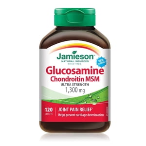 Jamieson Ultra Strength Glucosamine Chondroitin MSM 1300 mg, Provides Joint Pain Relief, Osteoarthritis Support, and Cartilage Deterioration Protection. Non-GMO, Gluten-Free, 120 Caplets, Proudly Cana