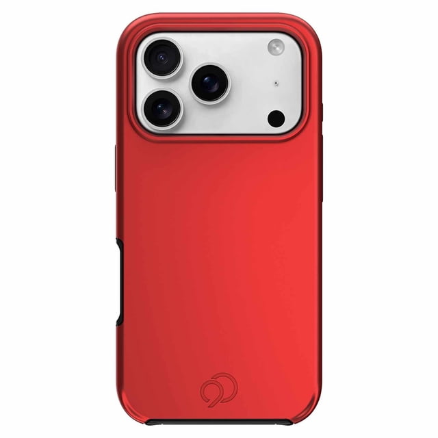 Nimbus9 Cirrus 3 MagSafe Case Crimson for iPhone 17 Pro featuring a smooth crimson red back with precise cutouts for triple cameras and flash, dual-layer TPU and PC build with 3D HEXA PATTERN and RISEGUARD corners for drop protection, magnetic accessory compatibility, and responsive buttons.