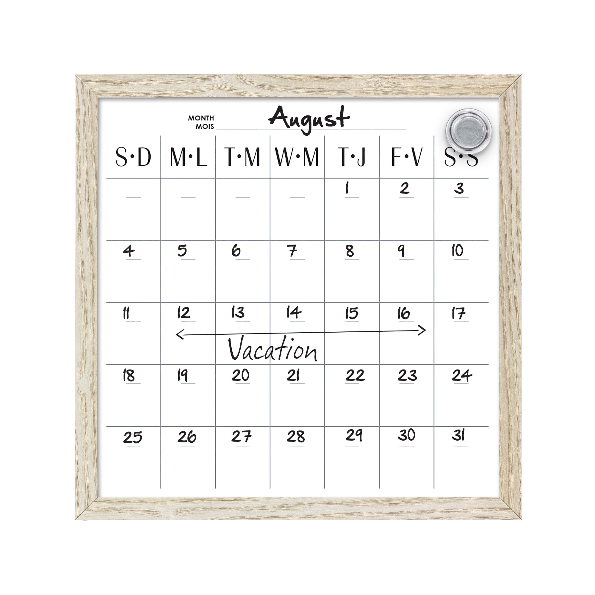 Quartet Tableau calendrier effaçable à sec, cadre en bois, 12 po x 12 po