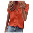 thumbnail image 1 of Women's Casual Solid Color Ruffle Collar Long Sleeve Ruffle Shirt Blouse V Neck Short Sleeve Shirt Tops, 1 of 7