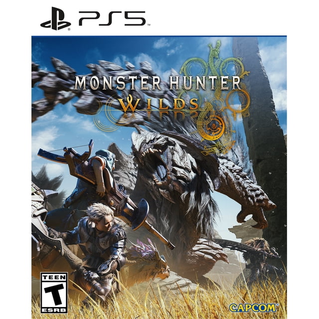 Monster Hunter Wilds Standard Edition (PS5) cover art showing three armored hunters in a grassy field confronting a large, rocky-scaled monster roaring with its mouth open, set against a blue sky with rocky cliffs and a tall stone pillar, featuring PlayStation 5 and Capcom logos.