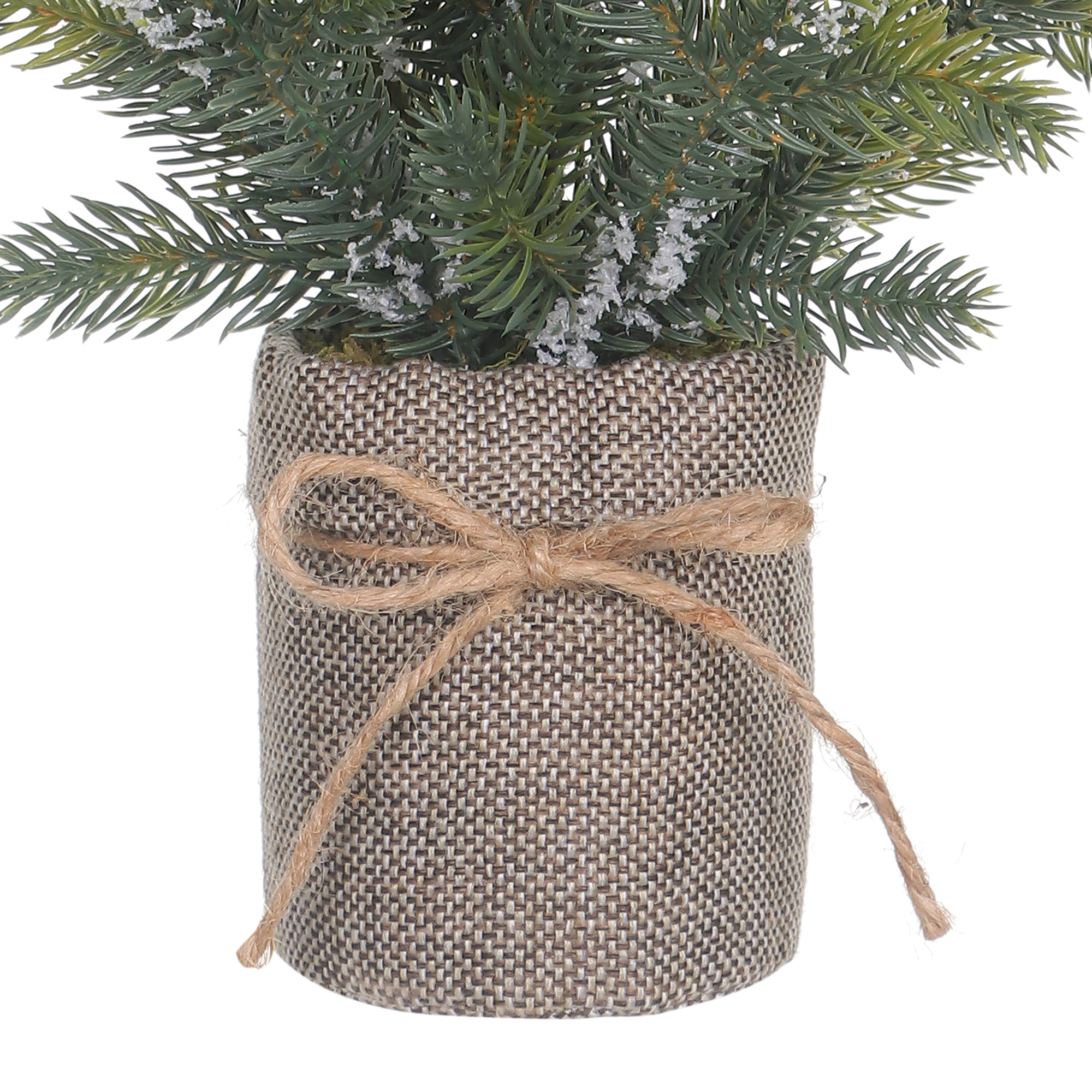 HOLIDAY TIME 18 Inch Flocked Mini Burlap Base Christmas Tree, 55% PP 15% Iron 5% Polystyrene Foam 20% Cement 5% Fabric Tabletop Decor