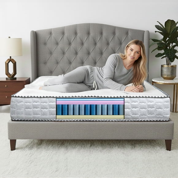 Mattress Master 12- Pocket Coil Hybrid Mattress, Medium-Firm, Cooling Gel Memory Foam, Motion Isolation, Mattress in a Box – Single, Double, Queen, King
