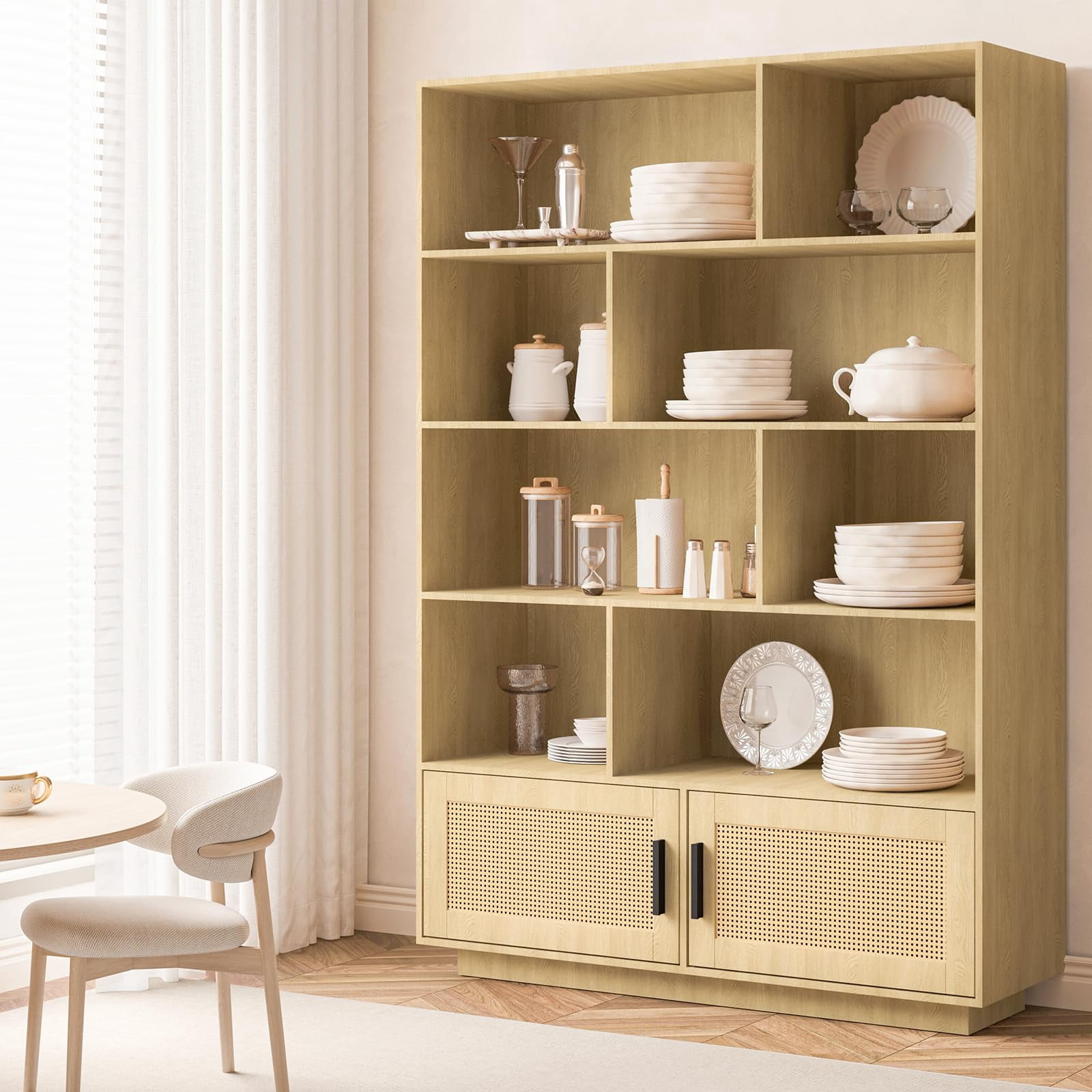 Tall Industrial Book Shelf with Open Display Shelves, 5 Tier Bookshelf with Storage, Tall Bookcase with Rattan Doors, 5 Shelf Bookcase for Living Room, Bedroom