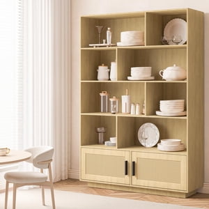 Étagère de livre industriel Tall avec étagères ouvertes, 5 Tier bibliothèque avec rangement, grande bibliothèque avec portes de rotin, 5 Bibliothèque étagère pour salon, chambre à coucher