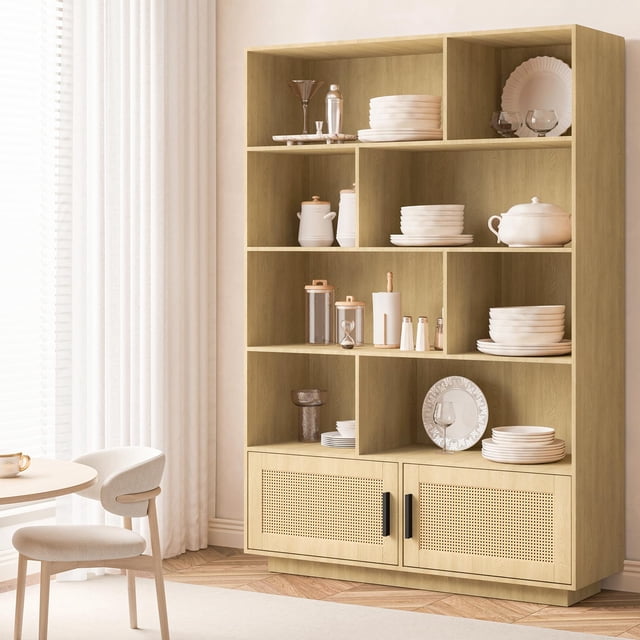 Tall Industrial Book Shelf with Open Display Shelves, 5 Tier Bookshelf with Storage, Tall Bookcase with Rattan Doors, 5 Shelf Bookcase for Living Room, Bedroom