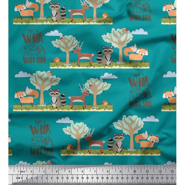 Soimoi Tissu Poly Georgette Arbre, Cerf & Racon Imprimé Dessin Animé Tissu au Mètre 52 Pouces de Large