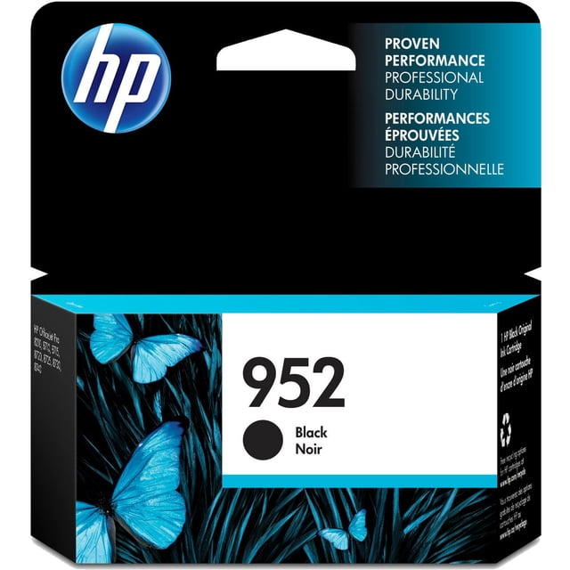 HP 952 Black Original Ink Cartridge packaging featuring blue butterflies on a dark background, the HP logo, and bilingual text emphasizing proven performance and professional durability, designed for HP OfficeJet printers.