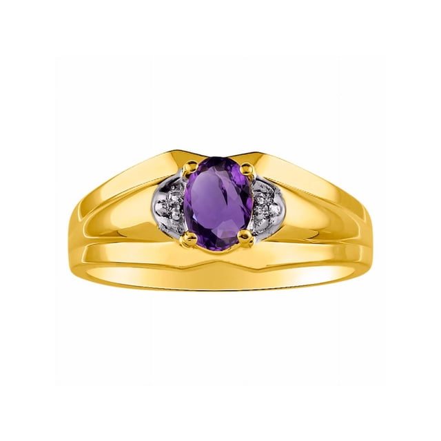 RYLOS Mens Rings 14K Yellow Gold Classic Design 7X5MM Oval Gemstone & Diamond Amethyst February Birthstone Ring Size 10