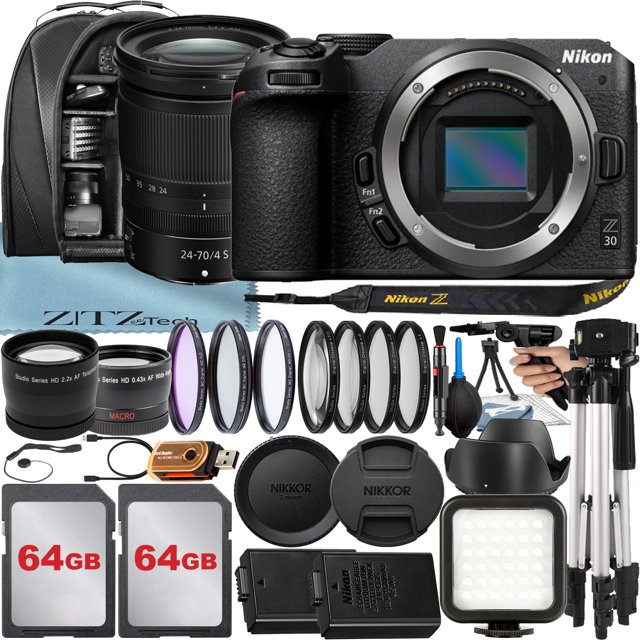Nikon Z30 Mirrorless Camera with NIKKOR Z 24-70mm f/4 S Lens + 2 Pack 64GB Card + Case + Tripod + ZeeTech Accessory Bundle
