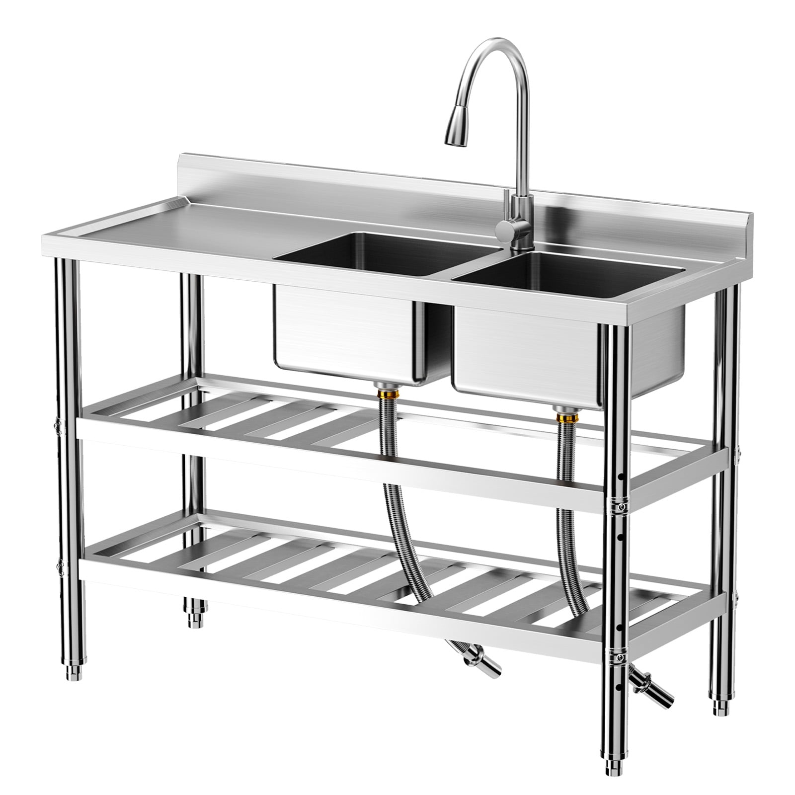 Bingirl Free Standing Commercial Kitchen Sink, Stainless Steel, Double Bowl, Hot & Cold Hoses
