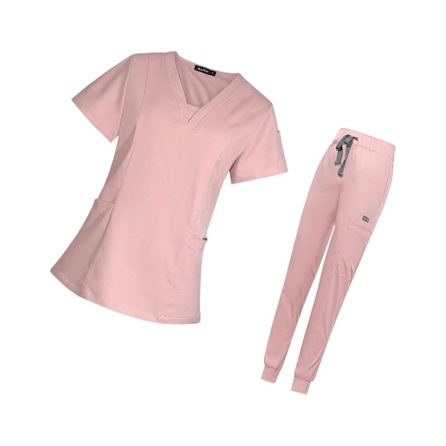 maskred Women s Scrub Set Nurse V-Neckline Machine Washable Short Sleeves Comfortable Suit Pink M 1Set