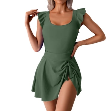 Bigersell Maillots de Bain à Manches à Volants pour Femmes Style Patineuse une-Pièce avec Jupe Dos Smocké Maillots de Bain Robe de Bain Tenue de Bain Vert-A TG