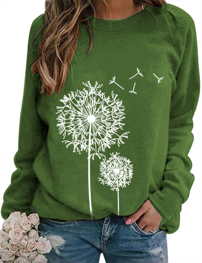 ZXZY Women Dandelion Graphic Print Round Neck Long Sleeve Pullover
