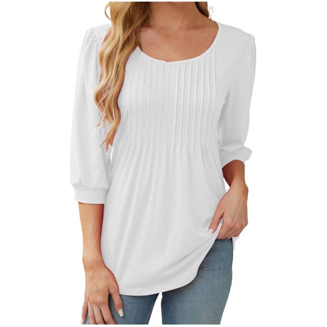 MeetoTime Womens Long Sleeve Shirts Fall Tops Casual Crew Neck Tunic Tops Pleated Comfy T-Shirts