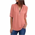 thumbnail image 2 of TIMIFIS Mode Automne pour Femmes Chemises d'Été à Manches Longues pour Femmes Tunique Décontractée à Fermeture Éclair Col en V Blouse à Manches Roulables Hauts Blouses pour Femmes, 2 of 6